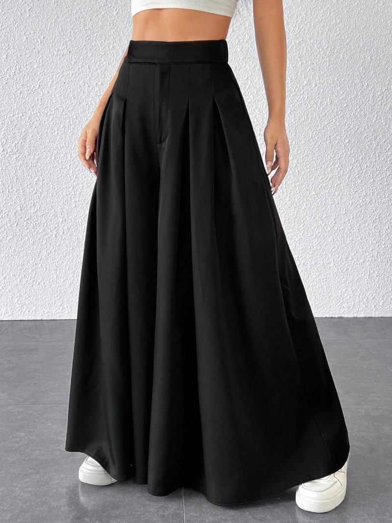 Solid Fold Pleated Wide Leg Pants
