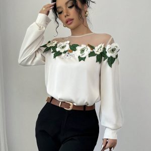 Women's Elegant Mesh Patchwork Embroidered Lace Long Sleeve Blouse