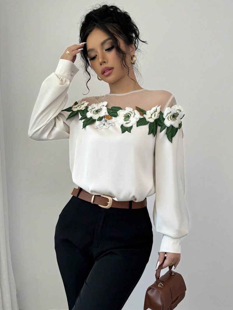 Women's Elegant Mesh Patchwork Embroidered Lace Long Sleeve Blouse