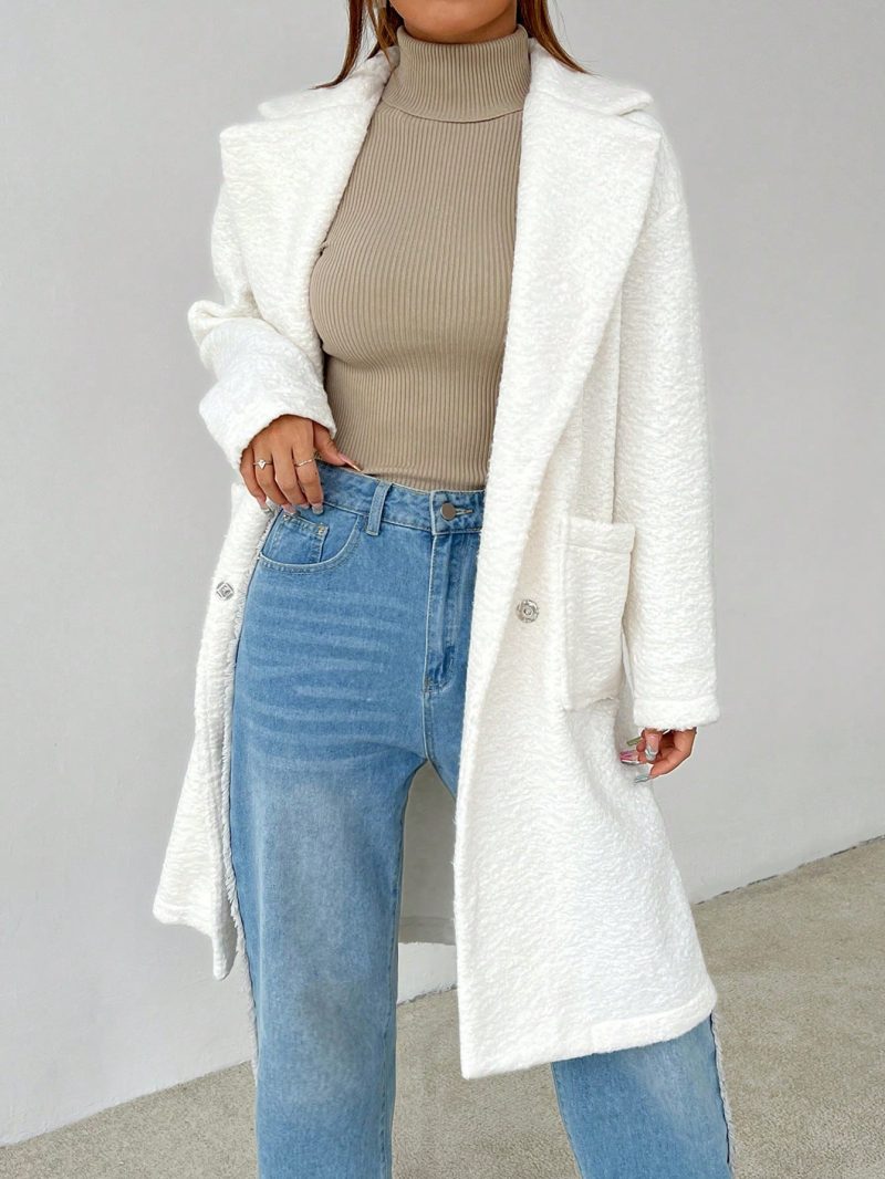 Women's Regular Fit Long Sleeve Lapel Neck Drop Shoulder Double Pocket Overcoat