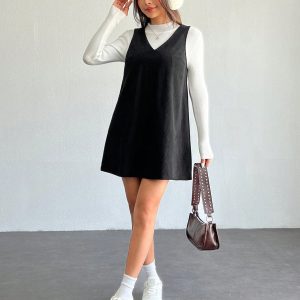 Solid V Neck Corduroy Dress Without Sweater Fall/Winter Dresses
