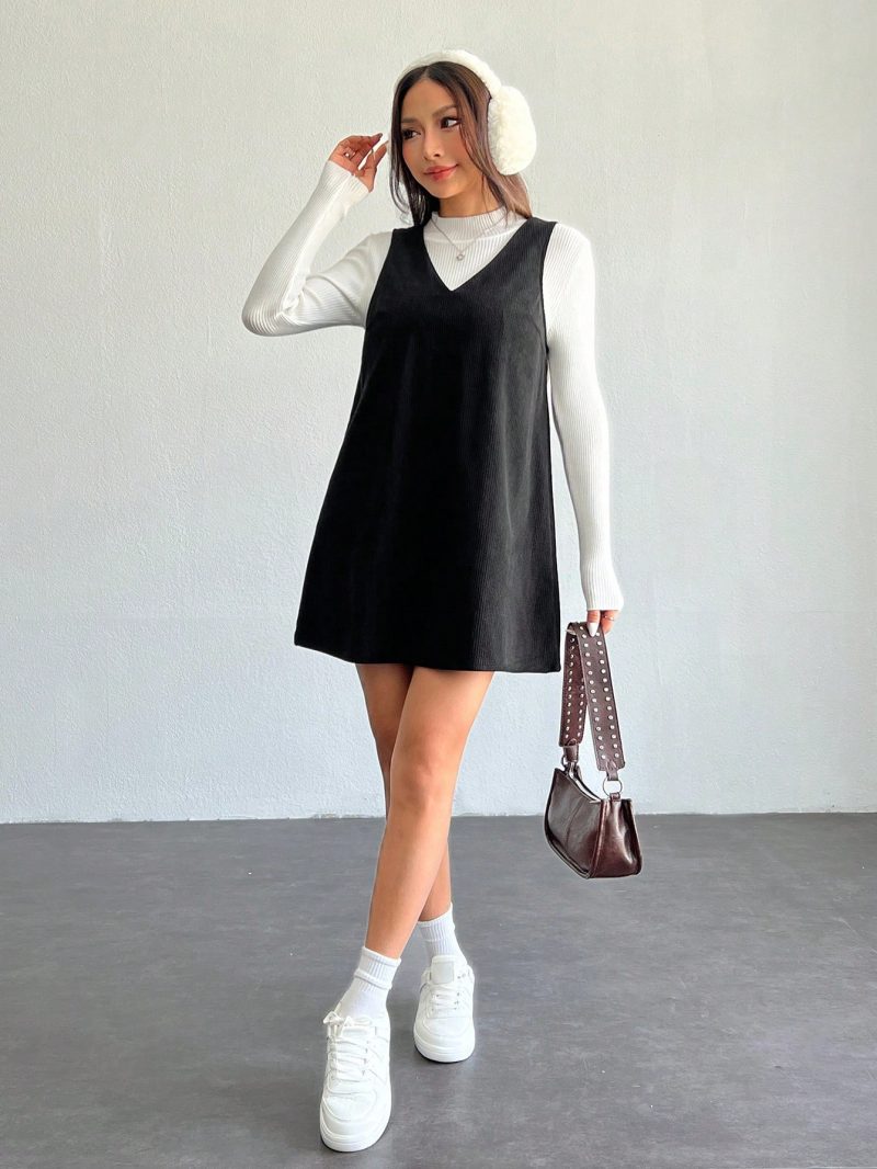 Solid V Neck Corduroy Dress Without Sweater Fall/Winter Dresses