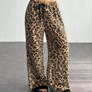 Women's Tie-Waist Fluffy Leopard Print Casual Wide Leg Baggy Pants