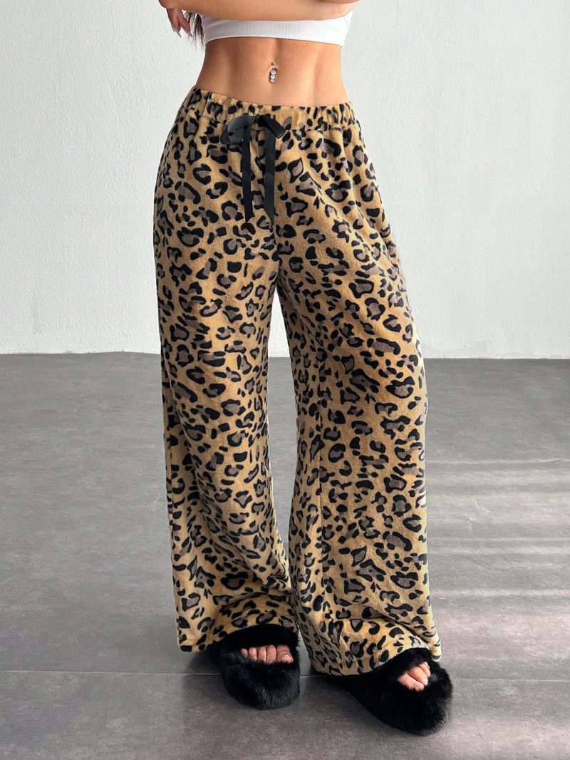 Women's Tie-Waist Fluffy Leopard Print Casual Wide Leg Baggy Pants