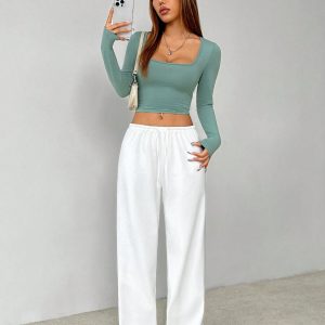 Soft White Knitted Home Pants, Loose Pant