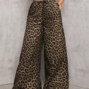 Casual Street Leopard Print Loose Straight Wide Leg Trousers , Palazzo Pants
