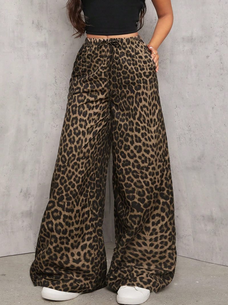 Casual Street Leopard Print Loose Straight Wide Leg Trousers , Palazzo Pants
