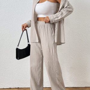 2pcs Women Spring & Autumn Casual Solid Color Long Sleeve Shirt And Pants Set