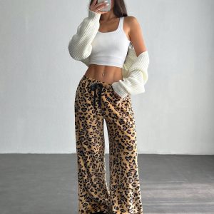 Women's Tie-Waist Fluffy Leopard Print Casual Wide Leg Baggy Pants