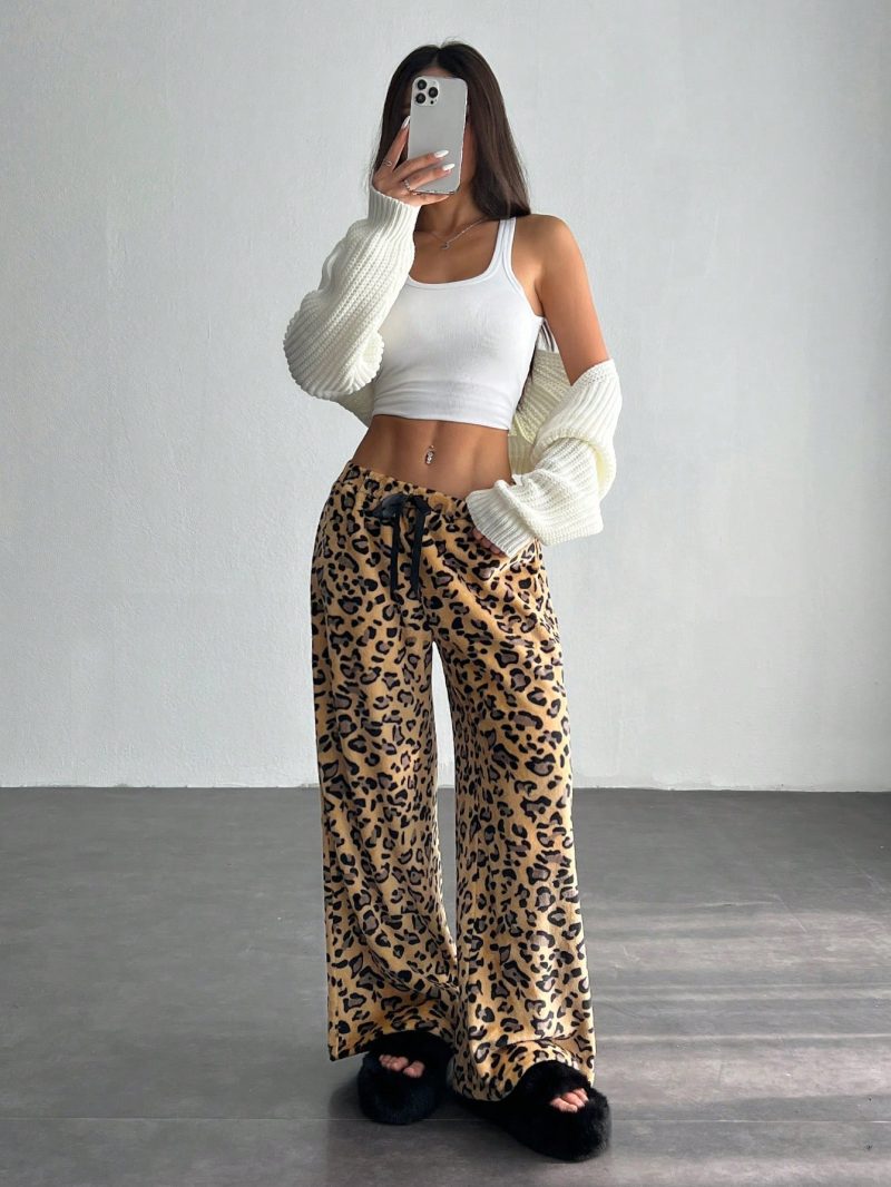 Women's Tie-Waist Fluffy Leopard Print Casual Wide Leg Baggy Pants