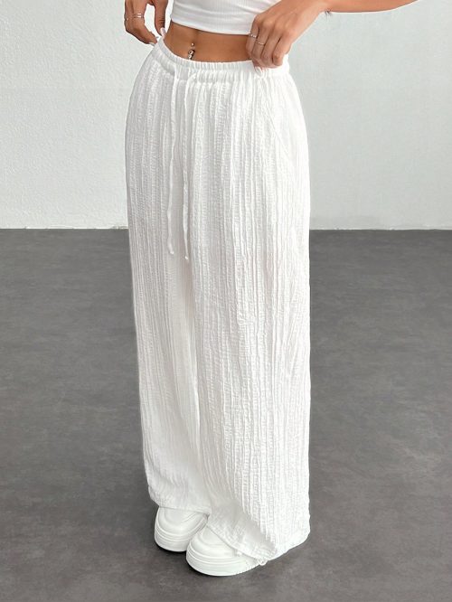 Women's Solid Color Front Tie Pleated Casual Pants, Simple And Versatile