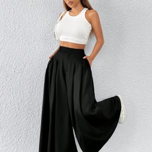 Solid Fold Pleated Wide Leg Pants