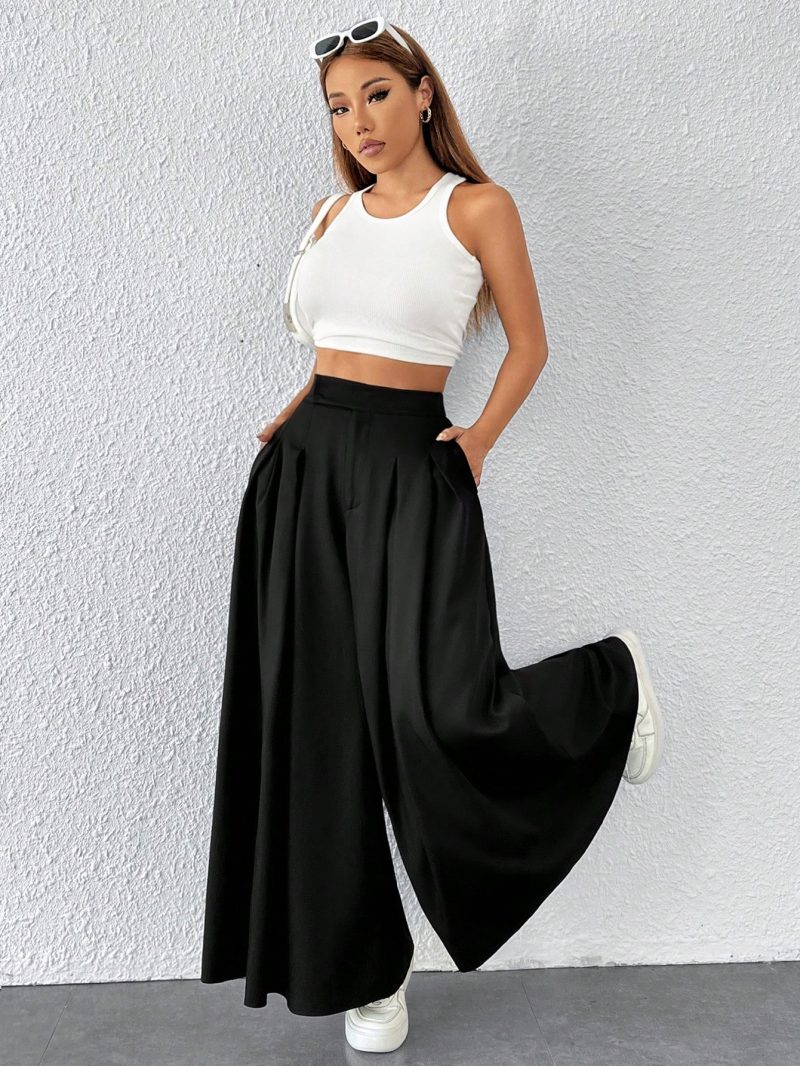 Solid Fold Pleated Wide Leg Pants