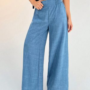 Women's Casual Vacation Waistband Blue Wide Leg Pants