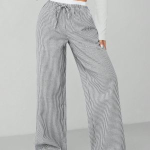 Autumn Blue Striped Contrast Waist Woven Women's Trousers