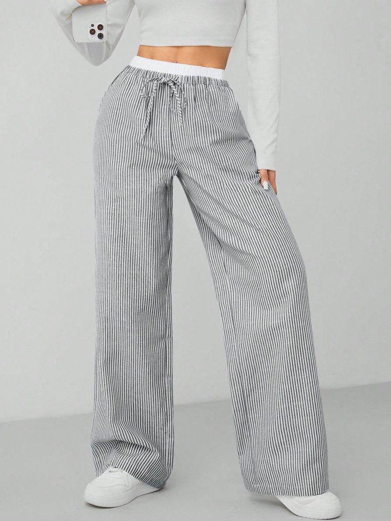 Autumn Blue Striped Contrast Waist Woven Women's Trousers