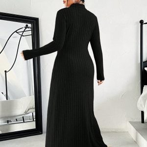 Plus Size Women High Neck Plain Long Sleeve Knitted Casual Dress, Autumn
