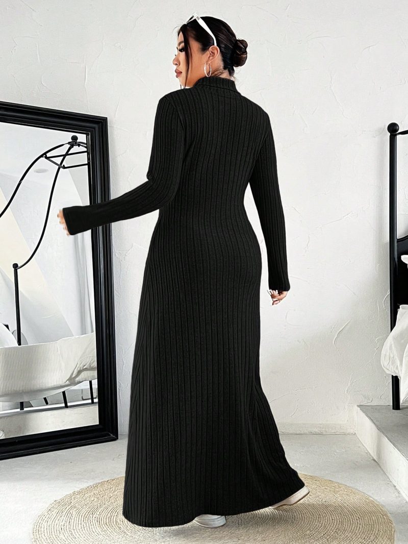 Plus Size Women High Neck Plain Long Sleeve Knitted Casual Dress, Autumn