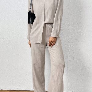 2pcs Women Spring & Autumn Casual Solid Color Long Sleeve Shirt And Pants Set