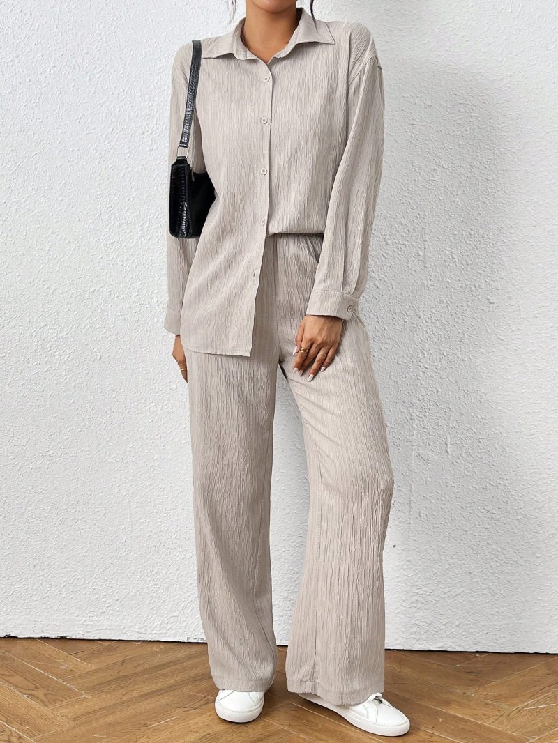 2pcs Women Spring & Autumn Casual Solid Color Long Sleeve Shirt And Pants Set