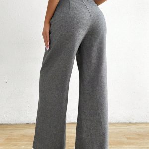 Unique Design Waist Decor Elegant Gray Wide Leg Pants, Comfortable & Versatile