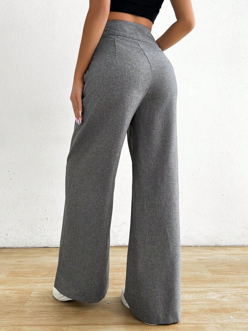 Unique Design Waist Decor Elegant Gray Wide Leg Pants, Comfortable & Versatile