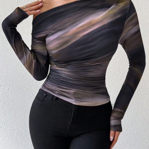 Tie Dye Print Asymmetric Ruched Long Sleeve Women T-Shirt