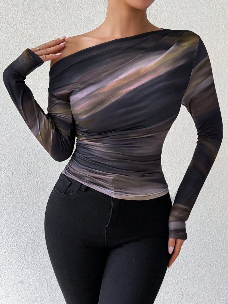 Tie Dye Print Asymmetric Ruched Long Sleeve Women T-Shirt
