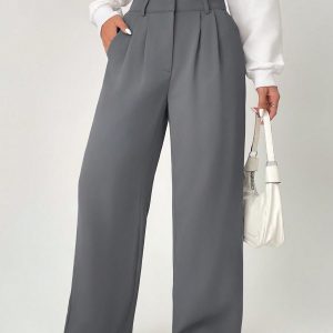 Spring Dress PantsHigh Waist Plicated Detail Wide Leg Suit Pants