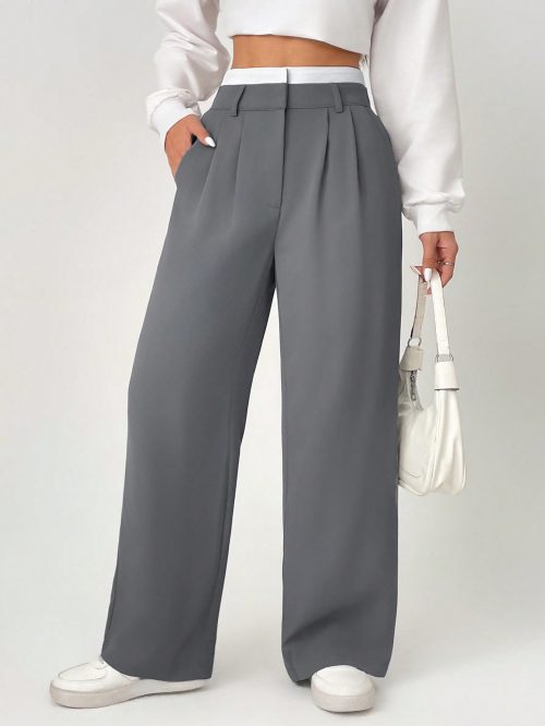 Spring Dress PantsHigh Waist Plicated Detail Wide Leg Suit Pants