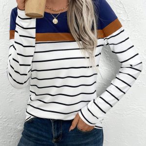 Women Crew Neck Contrast Striped Print Casual Long Sleeve T-Shirt