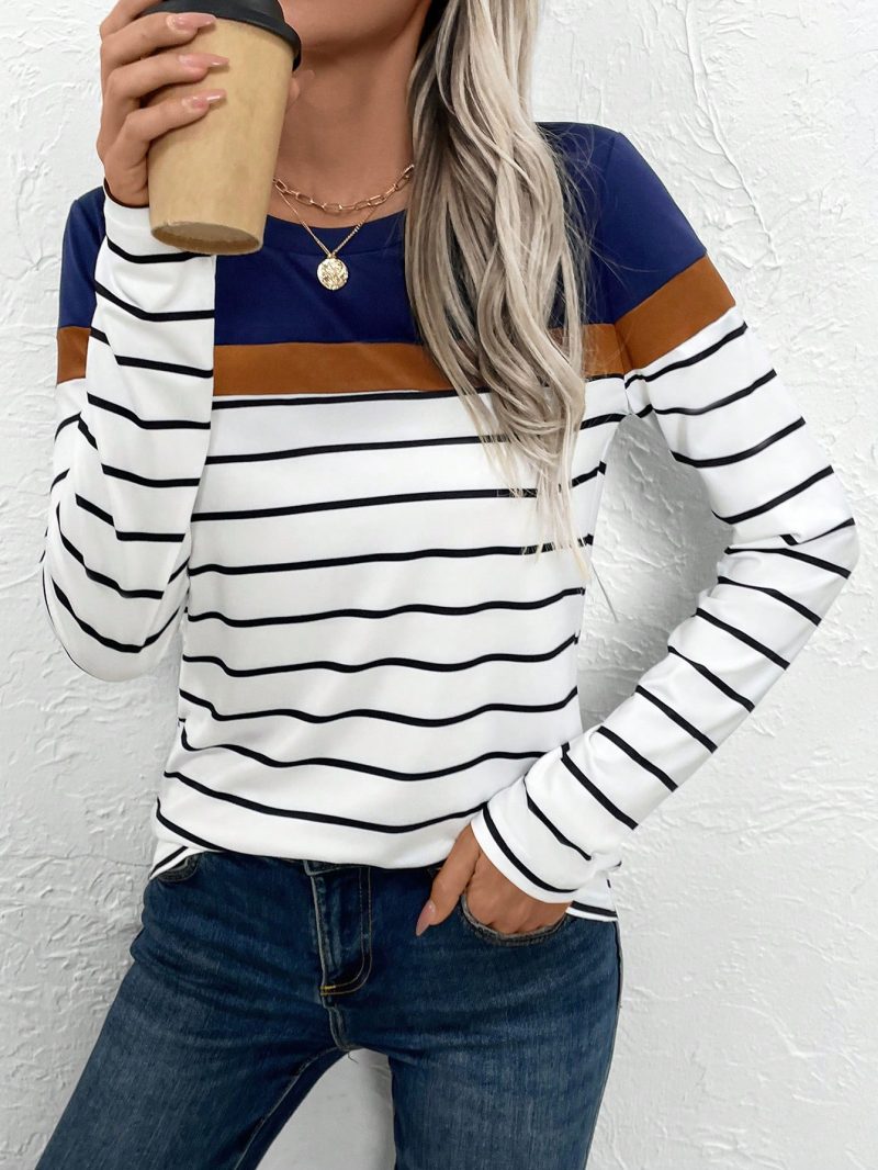 Women Crew Neck Contrast Striped Print Casual Long Sleeve T-Shirt