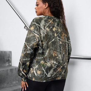 Plus Size Casual Branch Print Round Neck Sweatshirt, Autumn