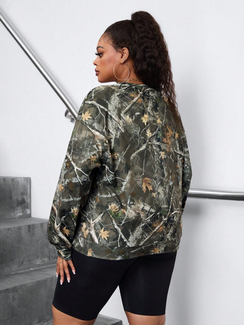 Plus Size Casual Branch Print Round Neck Sweatshirt, Autumn