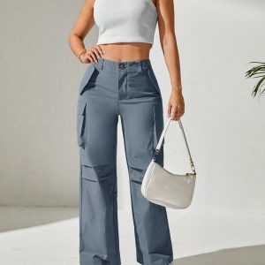 Solid Flap Pocket Cargo Dress Pants Suitable For Daily Outing Sport