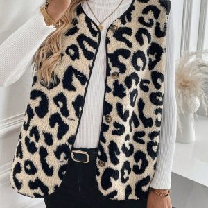 Casual Versatile Leopard Print Lamb Wool Sleeveless Single-Breasted Ladies Jacket, Autumn/Winter