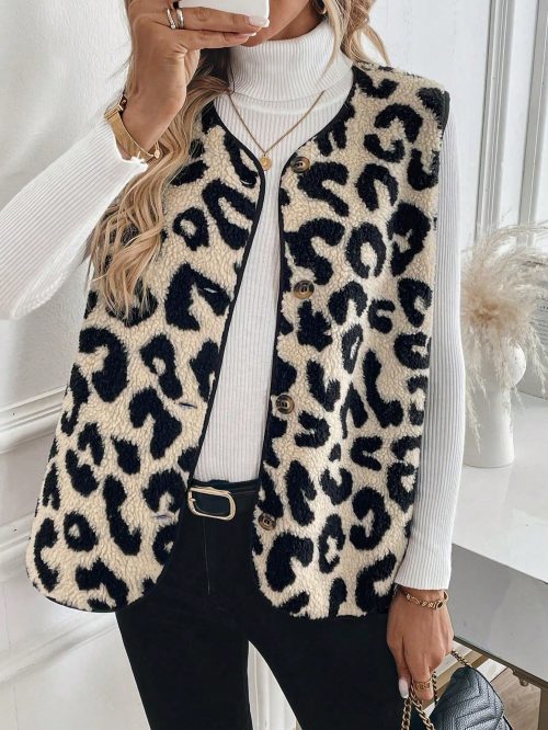 Casual Versatile Leopard Print Lamb Wool Sleeveless Single-Breasted Ladies Jacket, Autumn/Winter