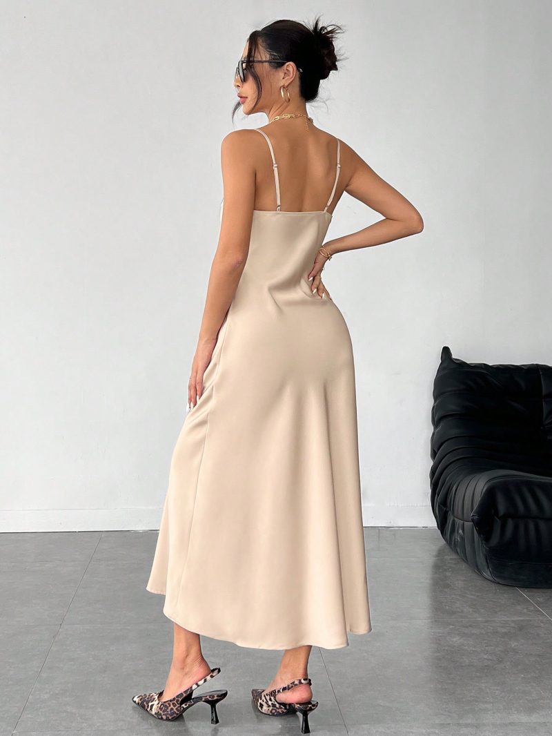 Solid Color Swing Collar Long Satin Satin Suspender Dress Suitable For Dates