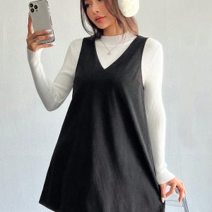 Solid V Neck Corduroy Dress Without Sweater Fall/Winter Dresses
