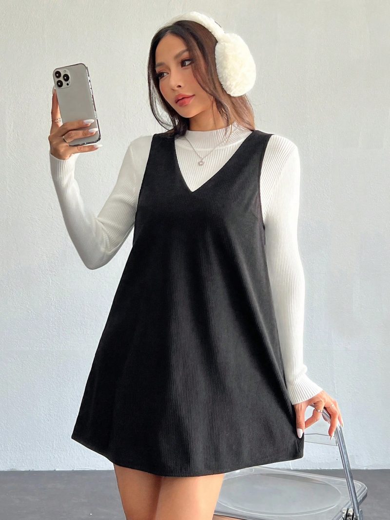 Solid V Neck Corduroy Dress Without Sweater Fall/Winter Dresses