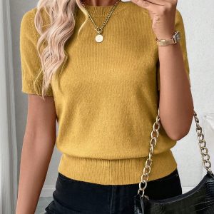 2024 New European & American Autumn/Winter Trendy Simple Design Round Neck Short Sleeve Knit Top