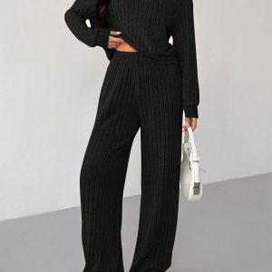 Knit Drop Shoulder Drawstring Hoodie & Pants