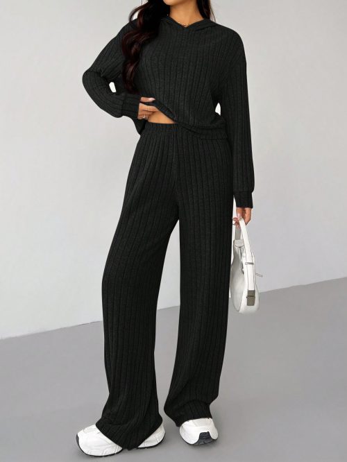 Knit Drop Shoulder Drawstring Hoodie & Pants