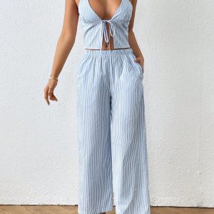 2pcs Women's Summer Striped Halter Neck Backless Cami And Wide Leg Pocket Pants Casual Set