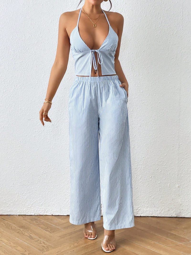 2pcs Women's Summer Striped Halter Neck Backless Cami And Wide Leg Pocket Pants Casual Set