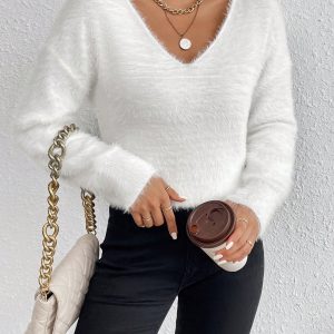 1pc Women Plain V-Neck Dolman Long Sleeve Fuzzy Sweater, Autumn/Winter