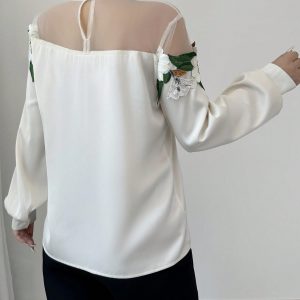 Women's Elegant Mesh Patchwork Embroidered Lace Long Sleeve Blouse