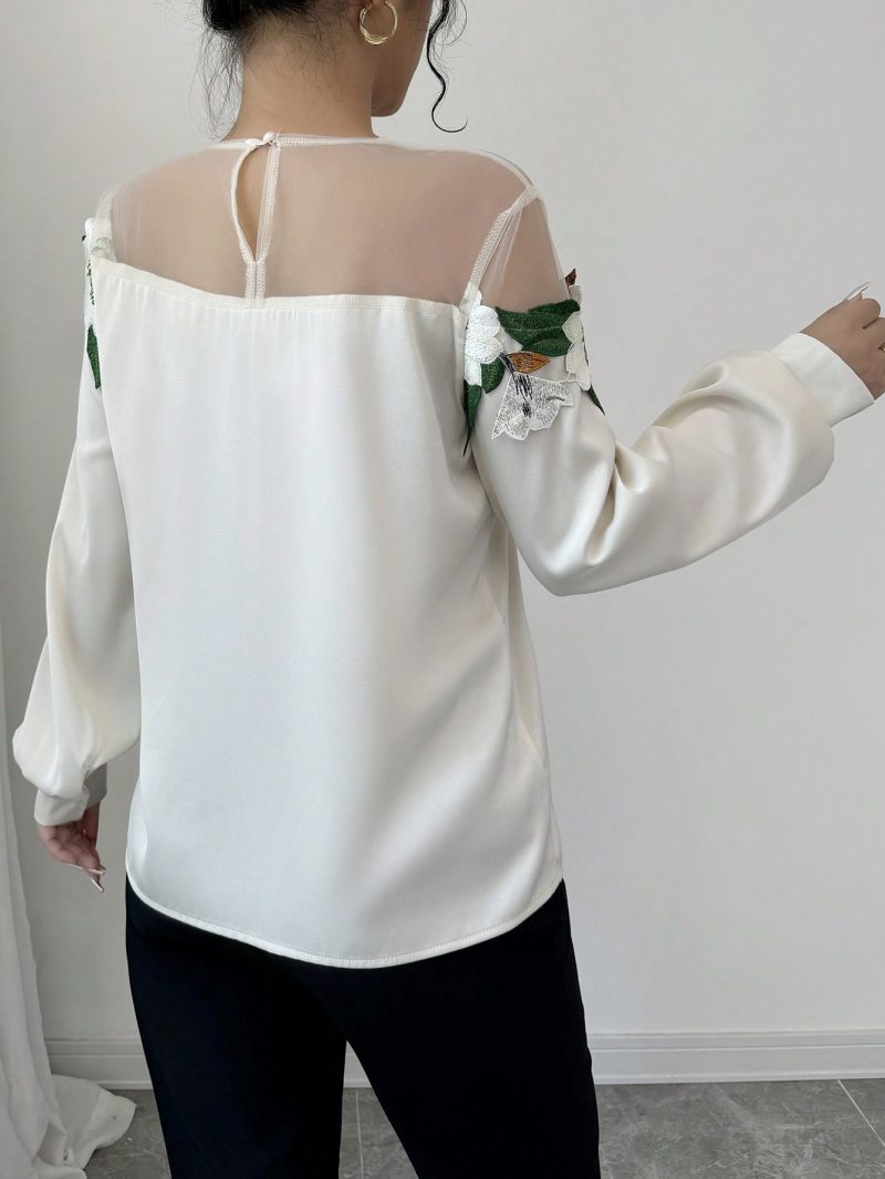 Women's Elegant Mesh Patchwork Embroidered Lace Long Sleeve Blouse