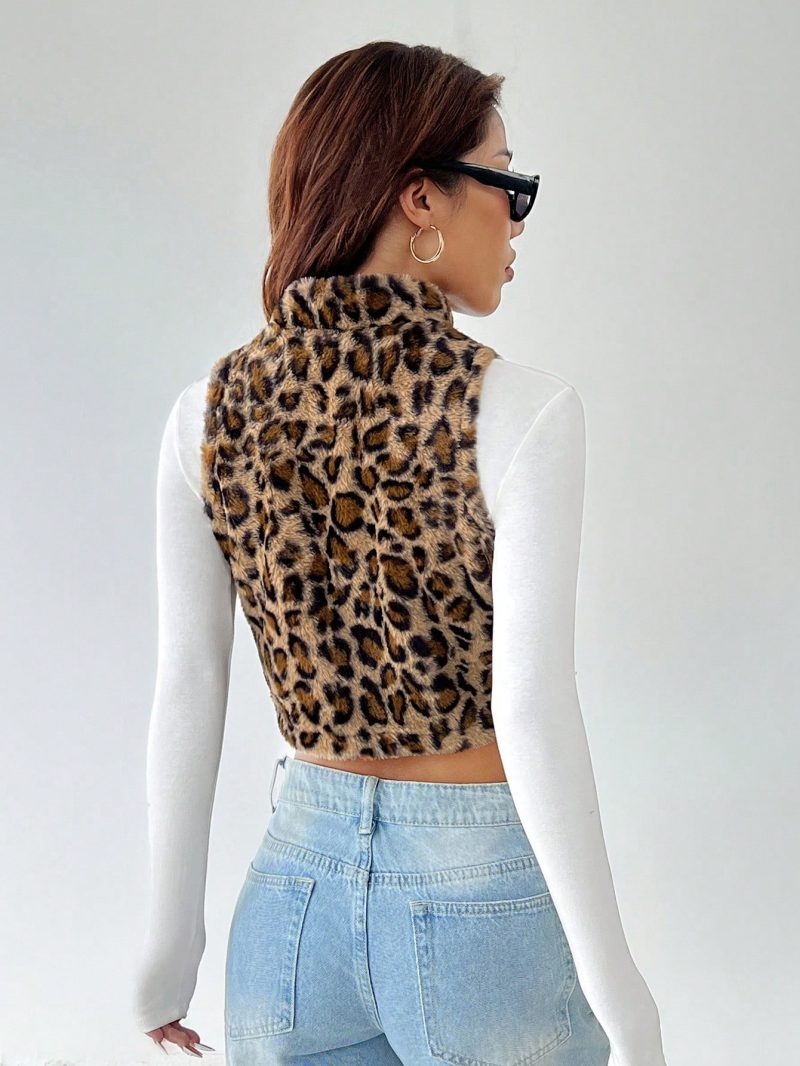 Women's Casual Leopard Print Sleeveless Fluffy Cropped Jacket For Autumn/Winter