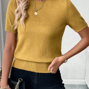 2024 New European & American Autumn/Winter Trendy Simple Design Round Neck Short Sleeve Knit Top